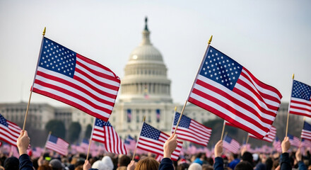 Numerous American flags stand before the iconic US Capitol building in Washington DC a powerful image of American democracy patriotism and national celebration