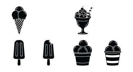 Black and white illustration set of various ice cream desserts and treats