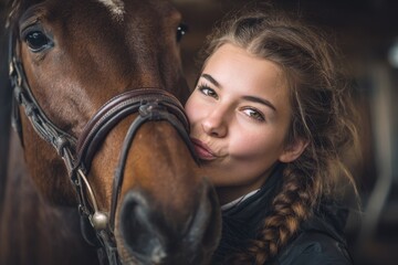 Kissing Horse. Young Woman Embracing Her Brown Horse with Bridle in Barn