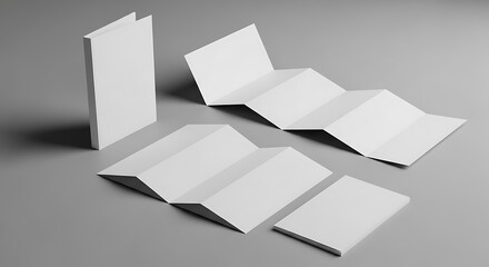 Various folded paper brochures and leaflets on a gray background