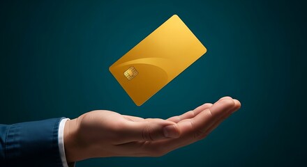 Hand presenting a golden credit card against a dark teal background