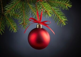 Red christmas ornament hanging from a pine tree branch with a red ribbon, festive holiday decoration