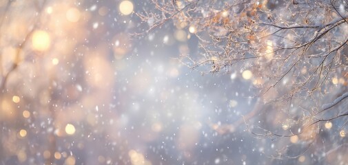 The enchanting winter scene with falling snow and shimmering lights.