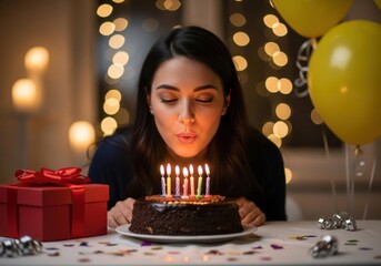 A woman blowing out candles on a birthday cake with a bokeh background and gift