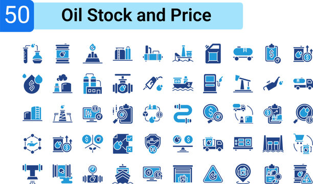 Set of icon elements related to the oil industry, from exploration, production, processing, transportation, storage, to financial and pricing aspects.