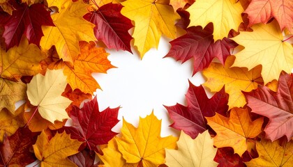 Fototapeta premium Colorful autumn maple leaves create a vibrant, seasonal border, framing nature's beautiful fall foliage in shades of orange, yellow, and red