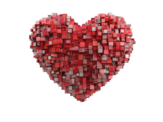 A red heart made of tiny cubes a digital isolated on transparent background png