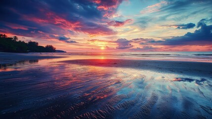 Fototapeta premium Beautiful landscape with colorful sunset on the low tide tropical beach.