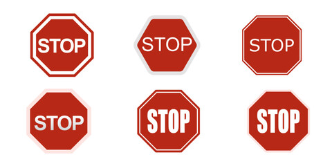 Standard Stop Sign Variations - Simple Vector Illustrations of Octagonal Red Traffic Signs with "STOP" Text in Different Styles

