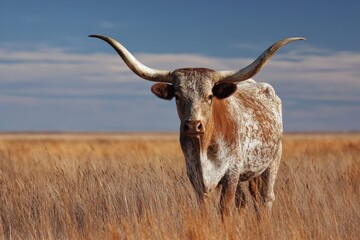 Longhorn Texas. Cattle on Oklahoma Panhandle Range Land under Blue Skies