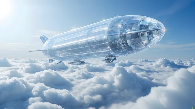 Giant transparent crystal airship hovering above ocean of clouds with sunlight refraction - National Aviation Day