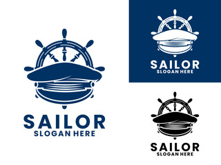 Captain's hat with ship's rudder wheel logo design vector template. Sailor logo design vector. Maritime logo design icon © Febrian