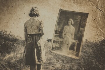 Woman contemplating a faded photograph of a woman.