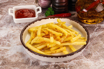 Golden French fries potato with sauce