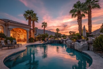Luxury Desert Real Estate: Sunset Oasis with Pool at Night