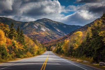 Naklejka premium Maine Road Landscape: Asphalt Highway Among Autumn Forest with Dramatic Sky