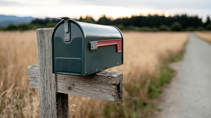 A rural mailbox on a wooden post in a countryside landscape.