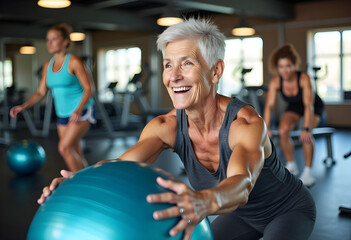 Happy old woman exercising with fitness ball in the gym