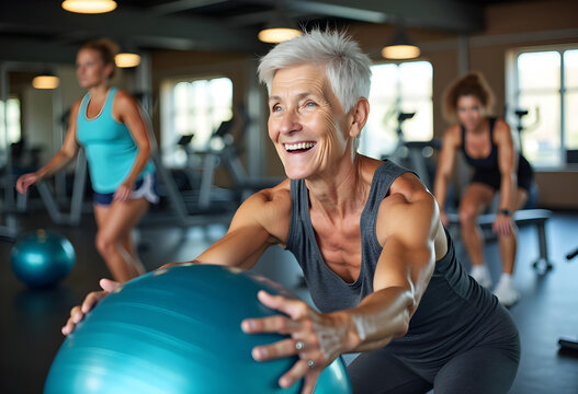 Happy old woman exercising with fitness ball in the gym