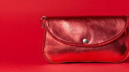 Close-up view of a metallic red handbag.