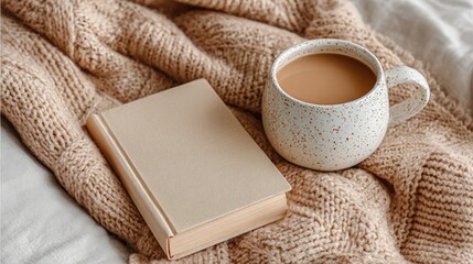 Cozy morning with book and coffee on textured blanket