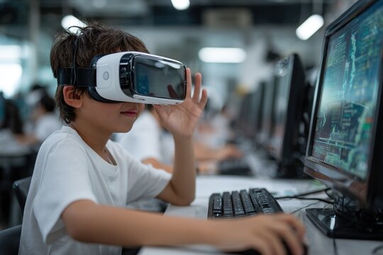 A schoolboy wearing a virtual reality headset works on a software project during a computer science class at school.