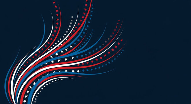 An elegant abstract design with swirling lines and dots in red white and blue on a dark background a sophisticated take on a patriotic color scheme for events