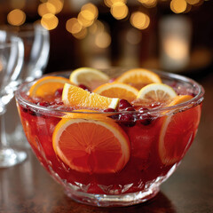 Festive punch bowl with slices of citrus and cranberries.