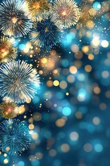 Fototapeta premium Colorful sparkling fireworks against a festive blue and gold bokeh background