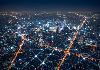 Connected city at night with glowing digital network overlay