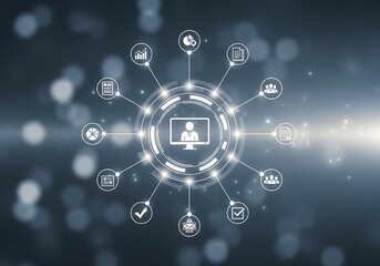 Business technology network with icons representing various functions