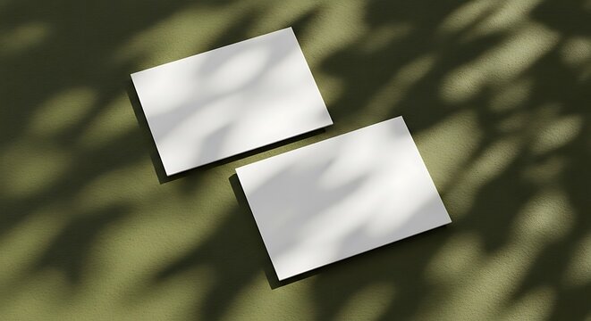 Two blank white business cards on a textured green surface with leaf shadows