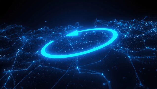 Circular arrow graph in blue neon orbit, Abstract background with glowing circles.
