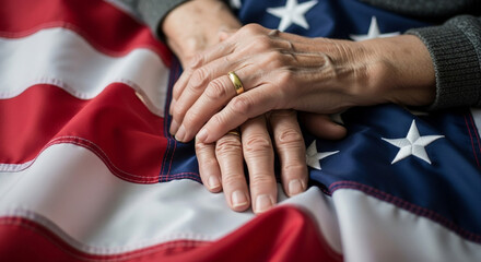 The weathered hands of a senior citizen rest peacefully on the American flag a touching and powerful image representing a lifetime of patriotism and cherished memories