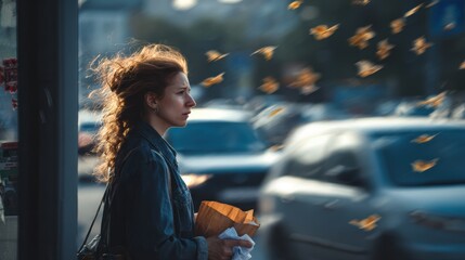 A woman standing at a bus stop holding a paper bag