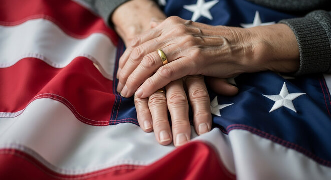 The weathered hands of a senior citizen rest peacefully on the American flag a touching and powerful image representing a lifetime of patriotism and cherished memories