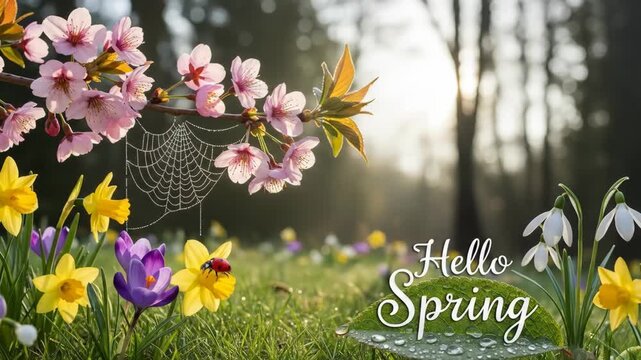 Panoramic nature scene with cherry blossom branch, flowers, and dew drops, showing the text "Hello Spring", vibrant spring footage.
