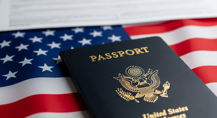 Fototapeta premium A United States passport is displayed proudly on the American flag a key symbol of citizenship national identity and the freedom to travel the world for Americans
