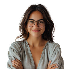 Obraz premium Portrait of a smiling young woman wearing glasses and a light gray shirt with arms crossed. background removed