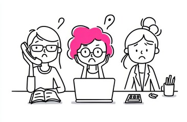 Three women working together with puzzled expressions and discussing ideas