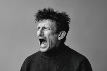 portrait of man with open mouth taking deep breath captured against clean background