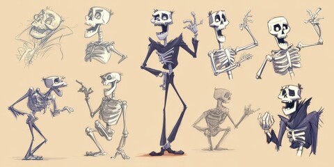Various poses of a cartoon skeleton character.