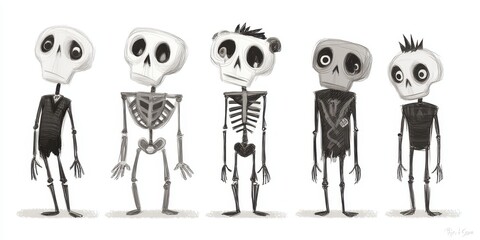 Five cartoon skeletons in grayscale.