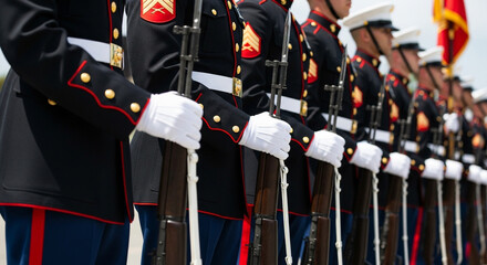 A line of United States Marines stands at attention in their pristine dress blue uniforms a powerful image of discipline tradition and honor in the military
