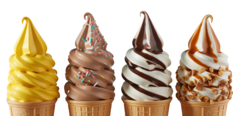 Four colorful soft serve ice cream cones isolated on transparent background