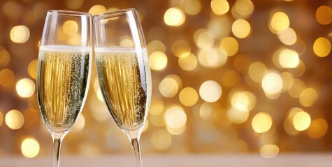Two champagne glasses with sparkling bubbles against a golden festive background
