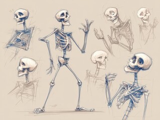 Various poses of a skeleton drawing study.