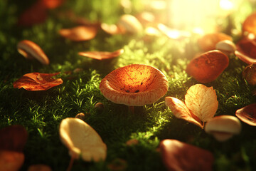 hello autumn. greeting card and fallen leaves, acorns, cones on wooden board. Autumn natural Background. symbol of fall season.