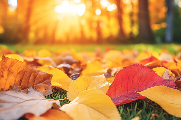 hello autumn. greeting card and fallen leaves, acorns, cones on wooden board. Autumn natural Background. symbol of fall season.