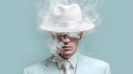 A man in a light blue suit, wearing a white hat, with smoke around his face.